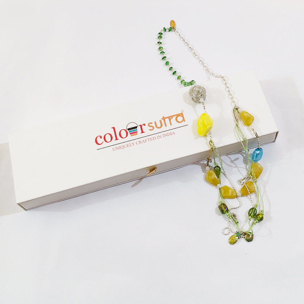 Sunehri Yellow Rose & Pineapple Charm  Layered Necklace
