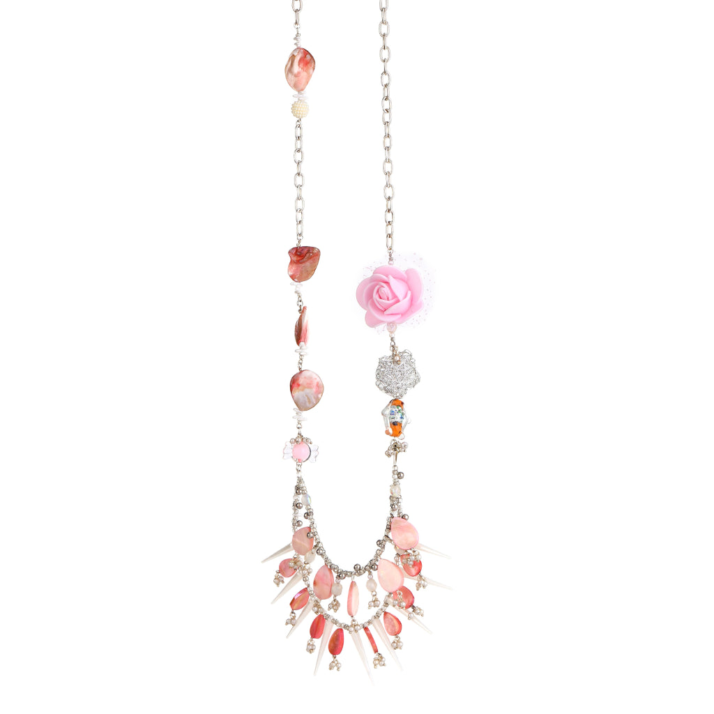 GUL Pink Rose & Mother of Pearl Shell Layered Statement Necklace