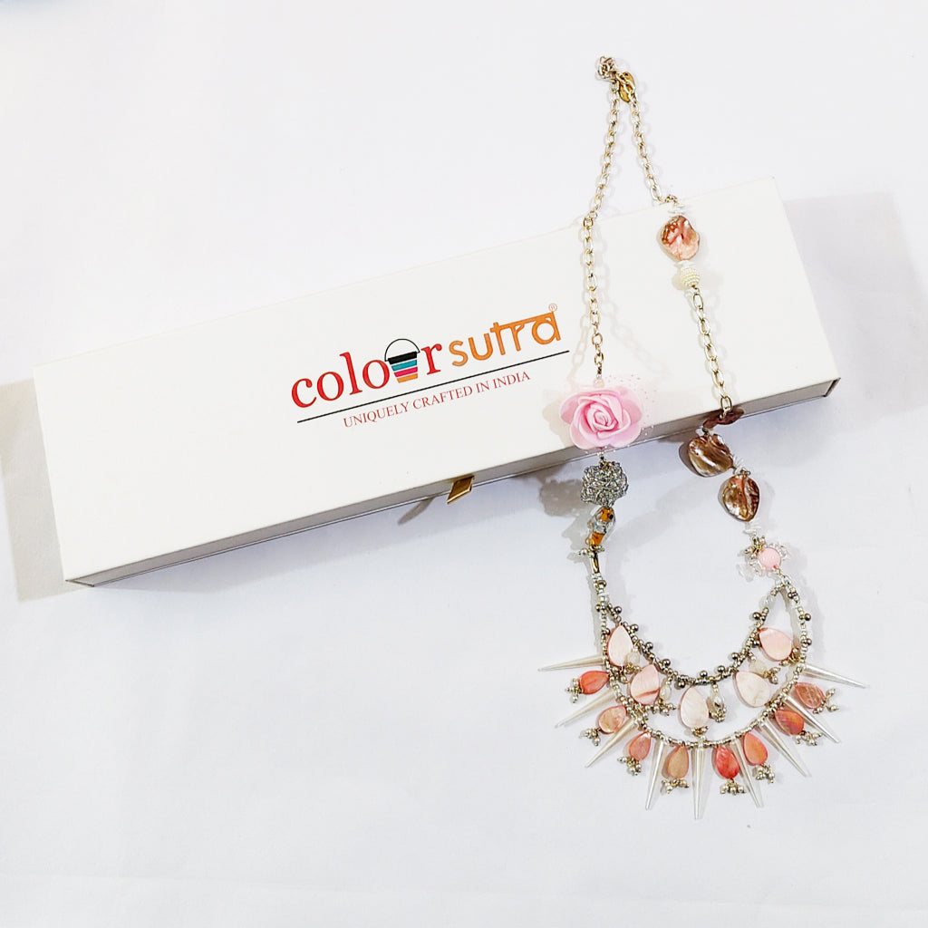 GUL Pink Rose & Mother of Pearl Shell Layered Statement Necklace