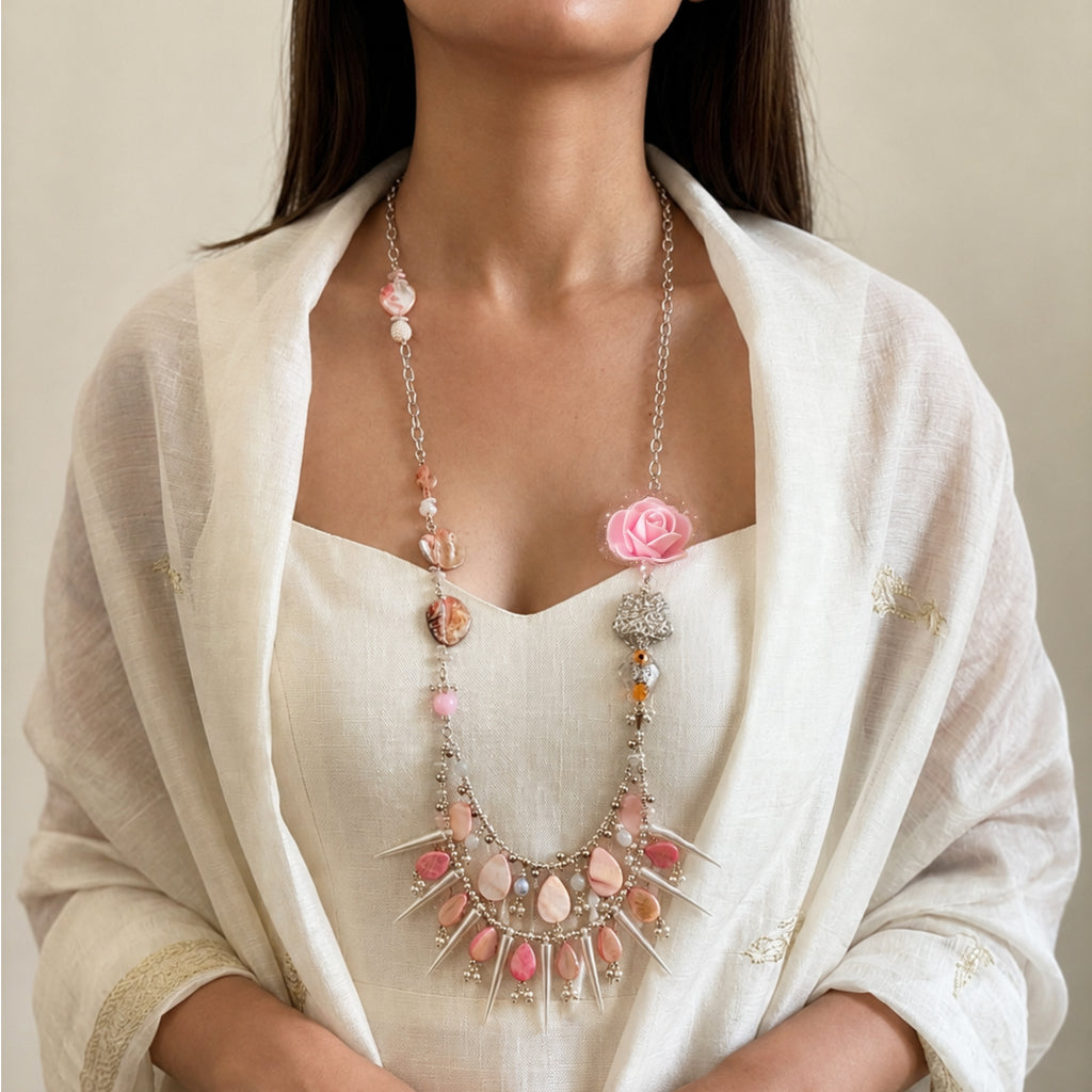 GUL Pink Rose & Mother of Pearl Shell Layered Statement Necklace