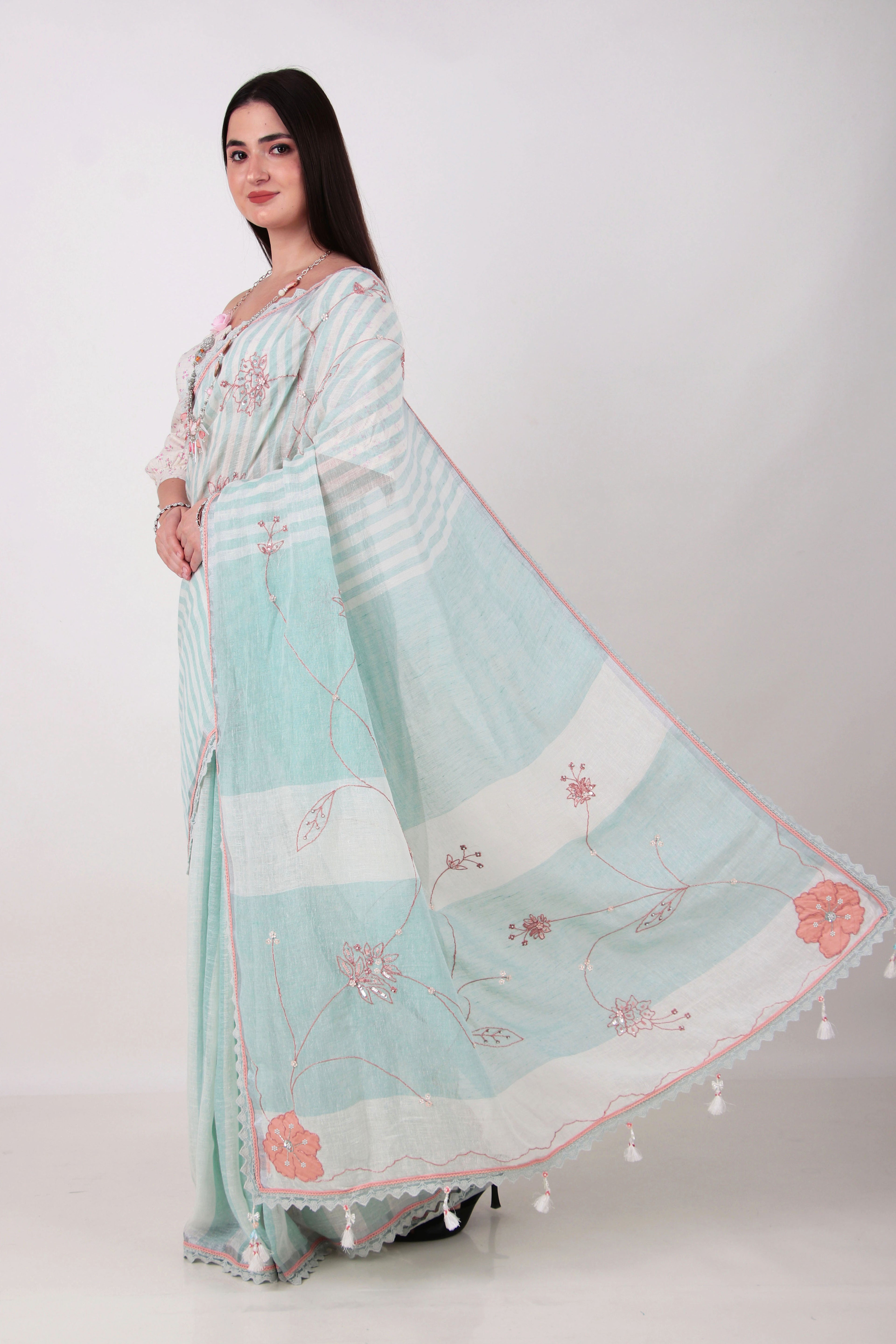 RHEA - Pastel blue Linen Saree