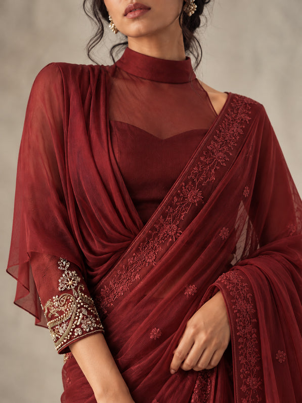 Rhapsody- Maroon High-Neck asymmetrical drape Saree Blouse