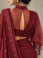 Rhapsody- Maroon High-Neck asymmetrical drape Saree Blouse